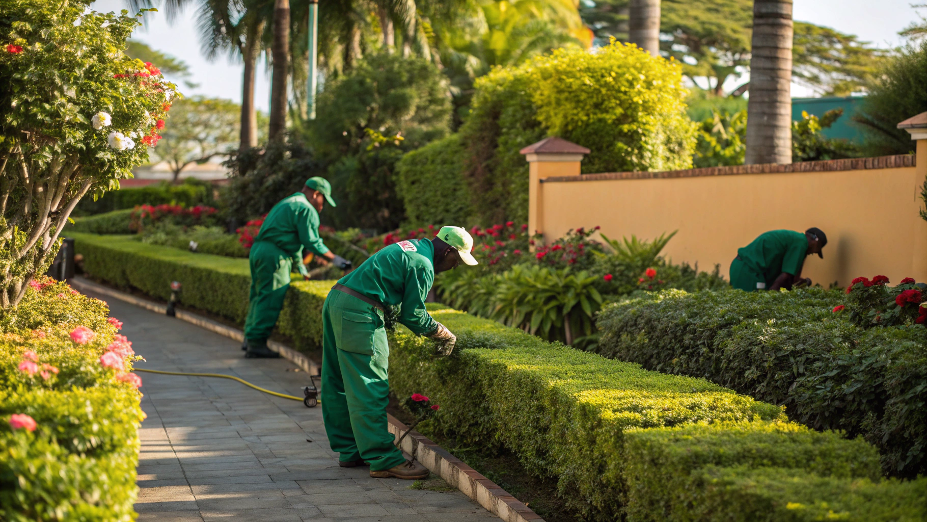 Landscaping workers training in tropical garden setting